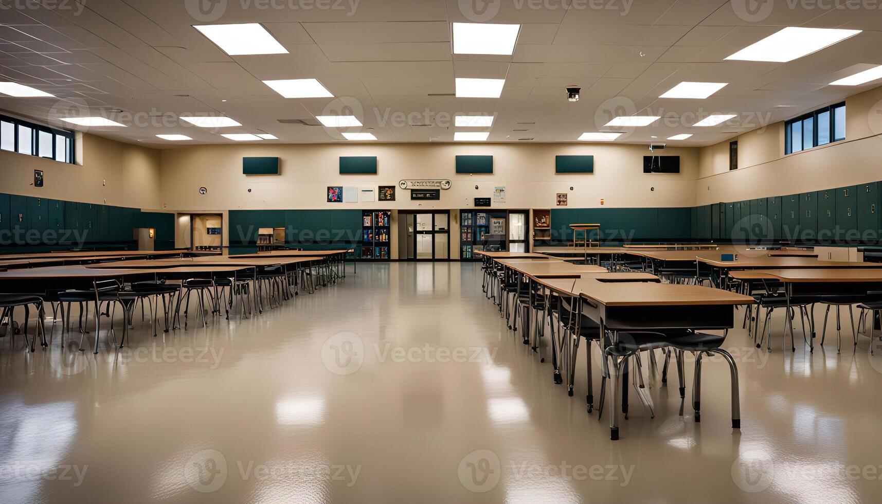 Empty Classroom with Desks and Chairs photo