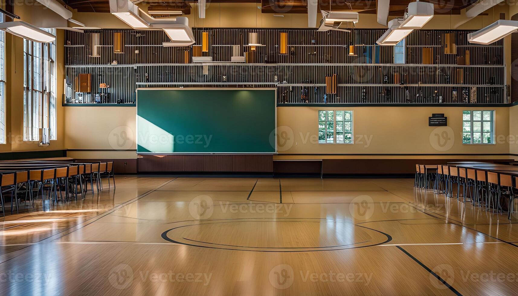 Empty Classroom with Green Chalkboard photo