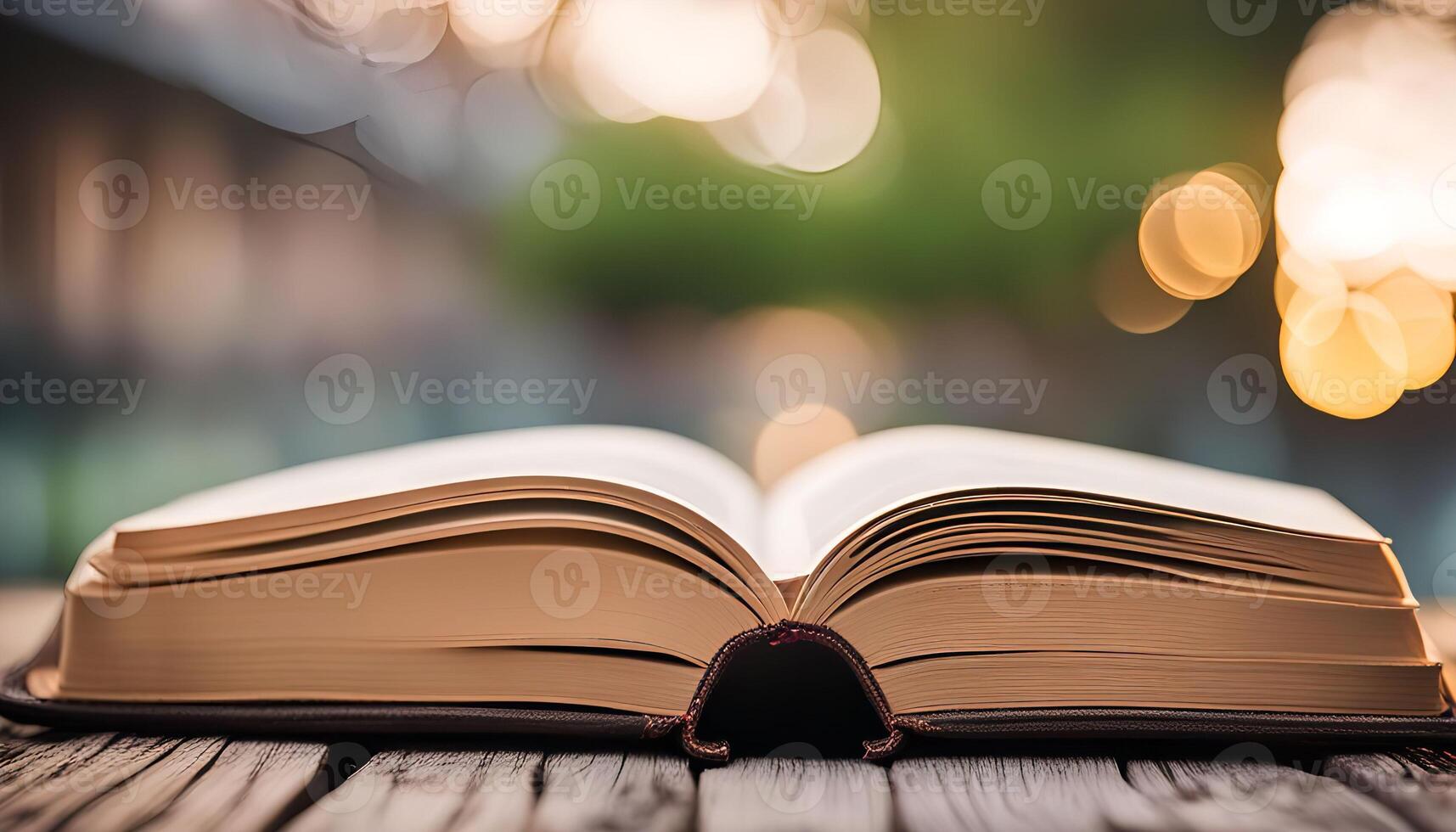 Open Book on a Wooden Table with Blurred Background photo