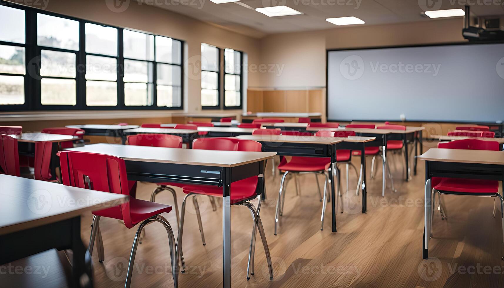 Empty Classroom with Red Chairs and Wooden Desks photo