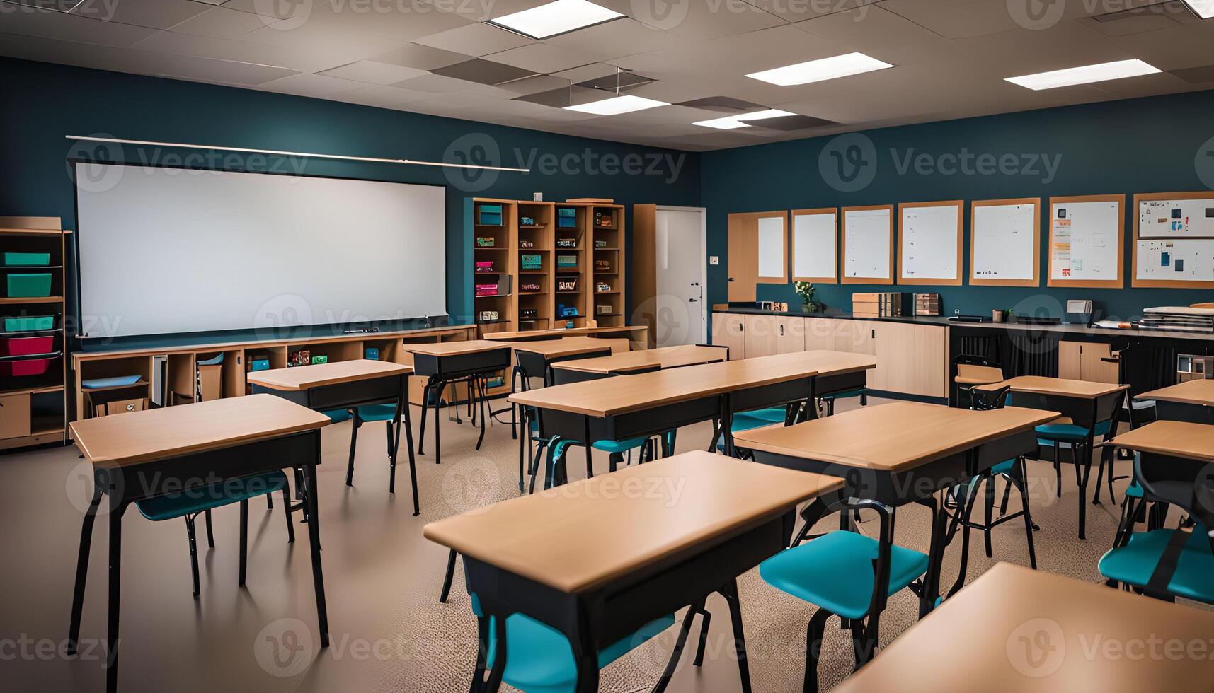 Empty Classroom with Desks and Chairs photo