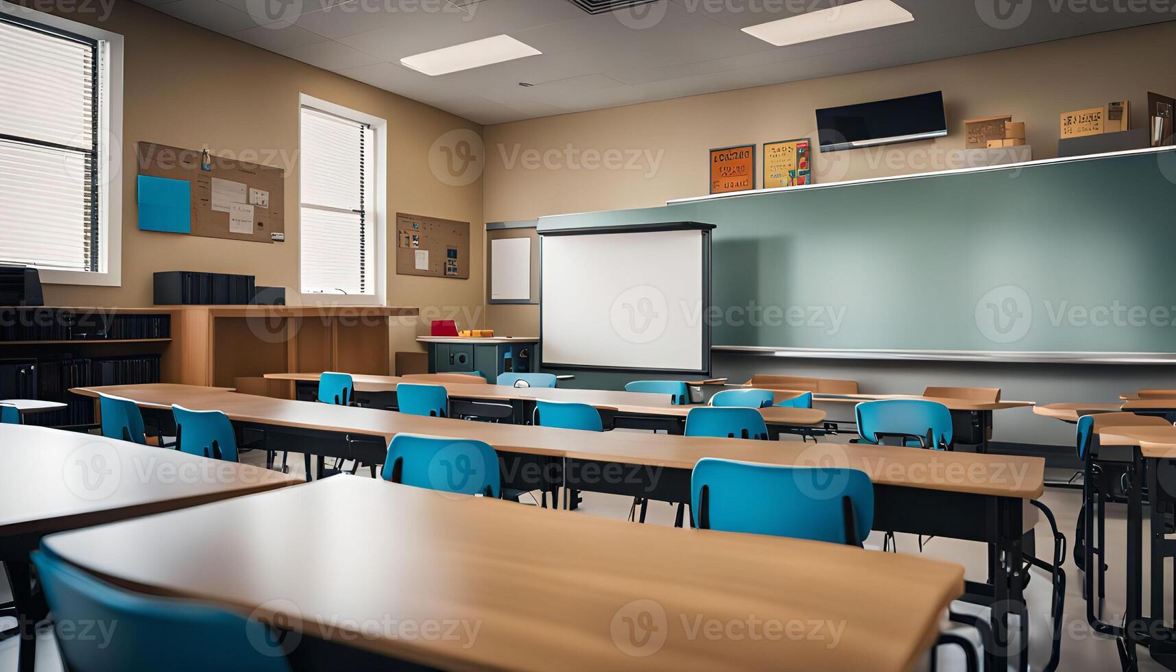 Empty Classroom with Desks and Chairs photo