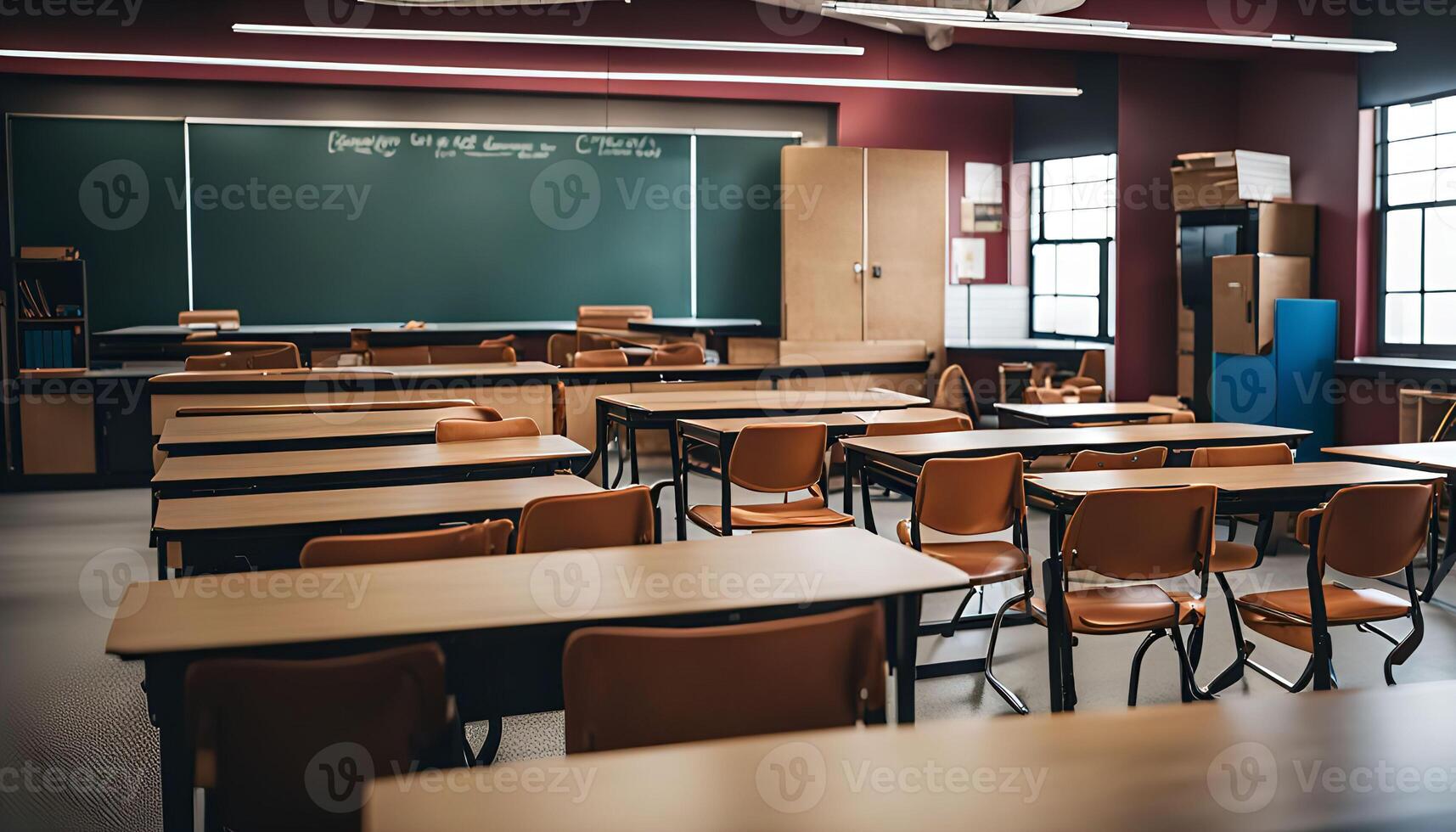 Empty Classroom With Desks and Chairs photo