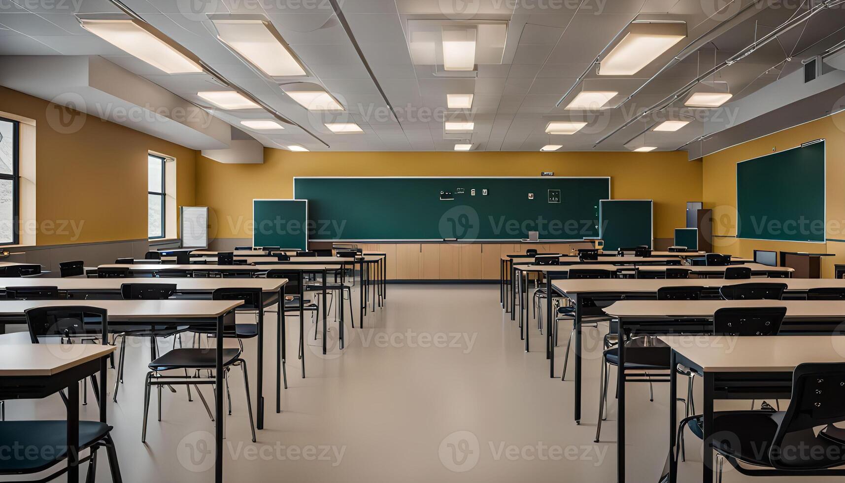 Empty Classroom with Desks and Chairs photo