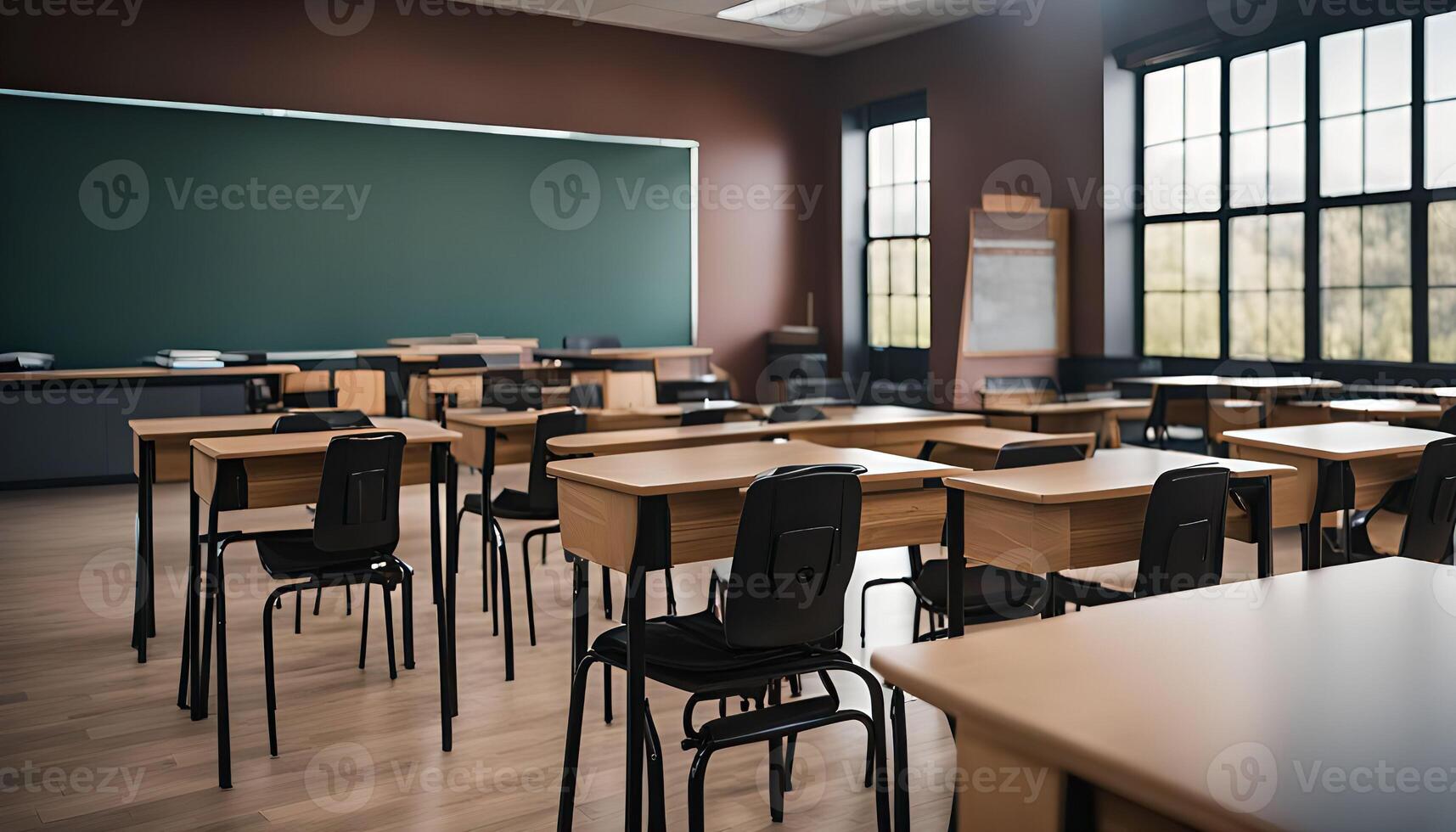 Empty Classroom with Desks and Chairs photo