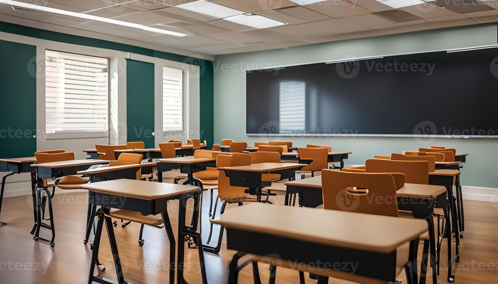 Empty Classroom with Desks and a Blackboard photo