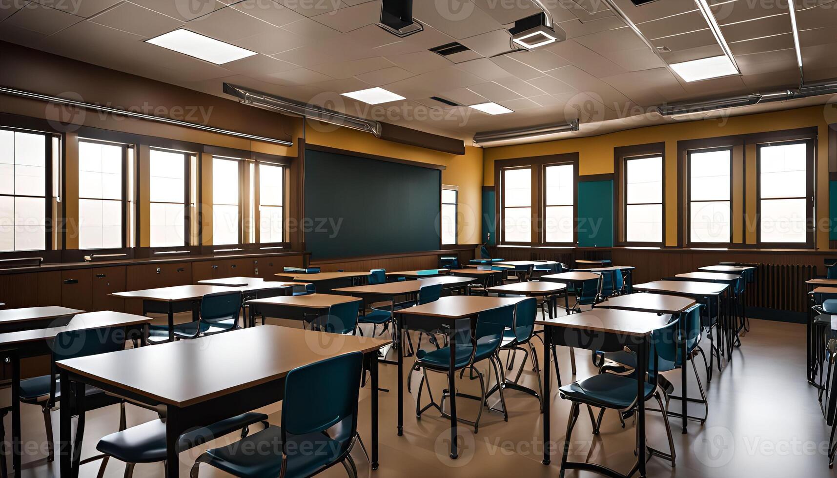 Empty Classroom with Desks and Chairs photo