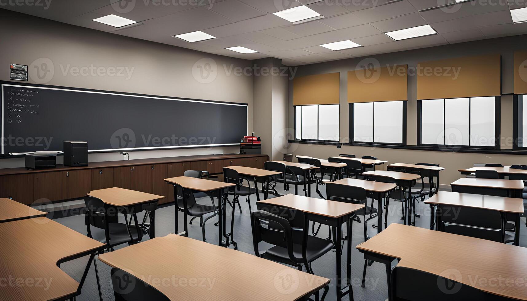 Empty Classroom with Desks and Blackboard photo