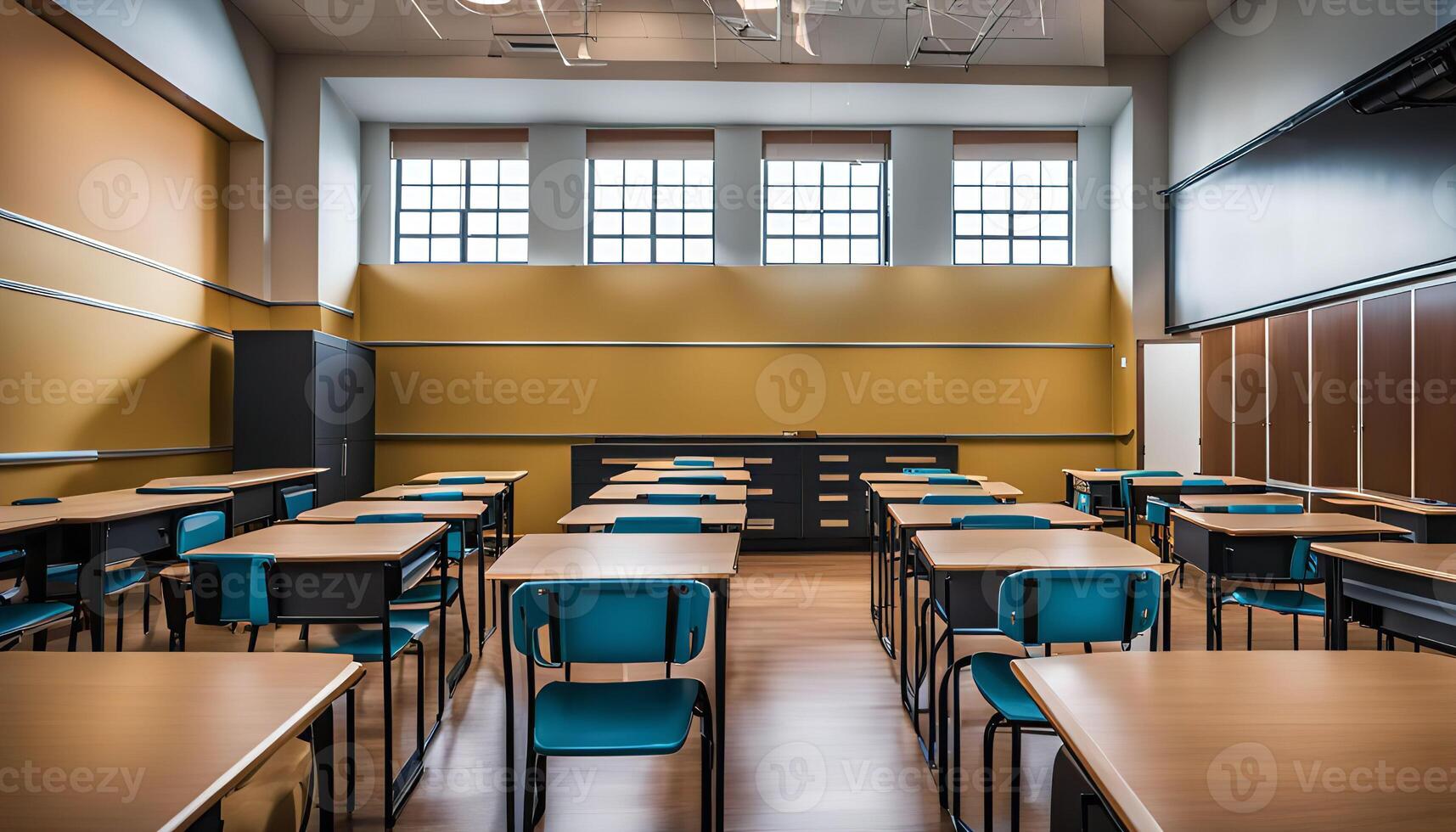 Empty Classroom with Desks and Chairs photo