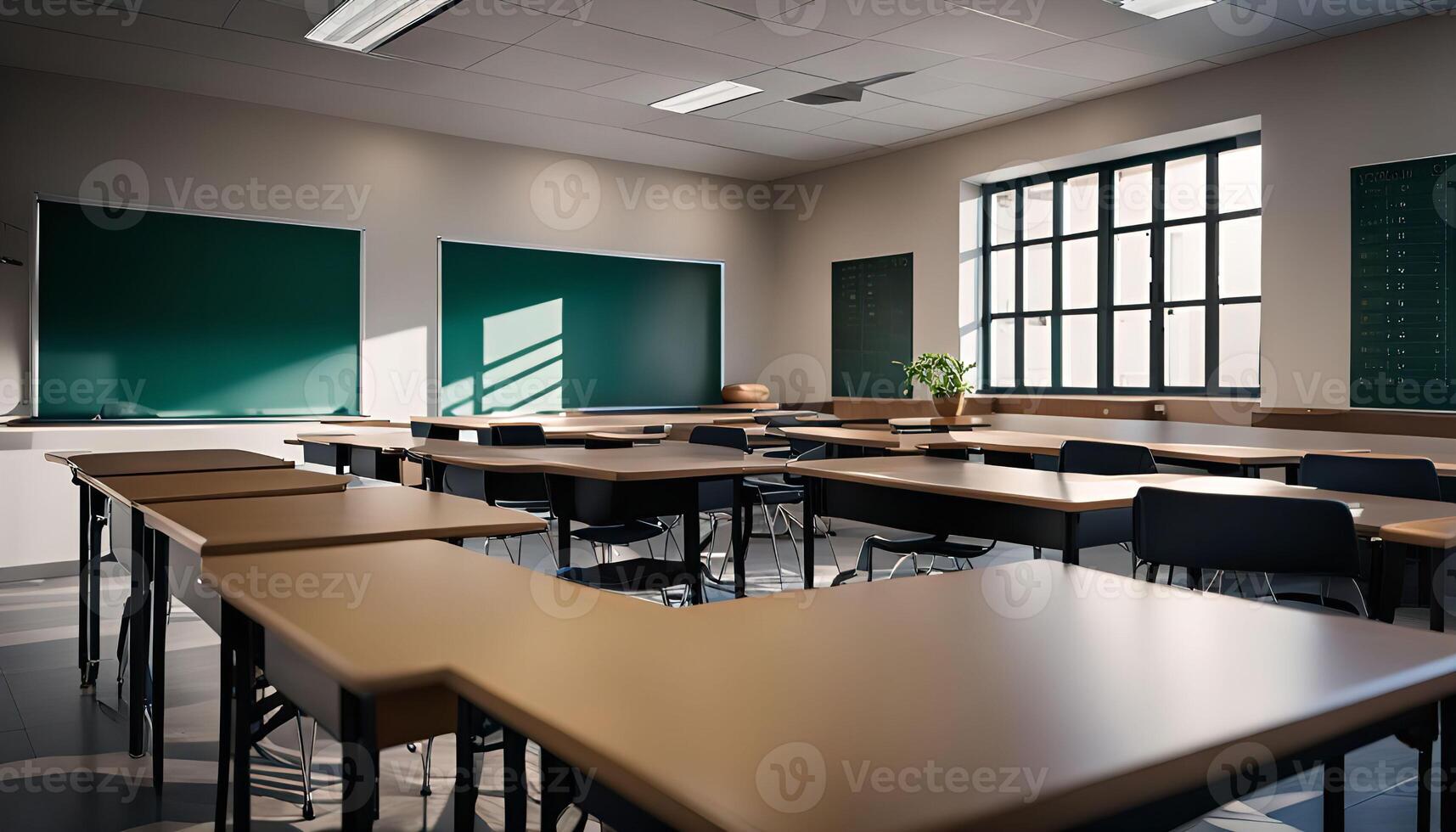 Empty Classroom with Desks and Chairs photo