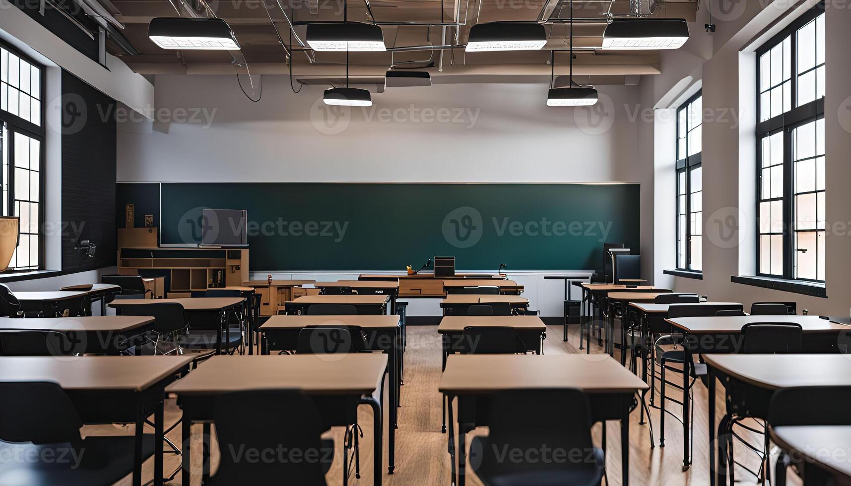 Empty Classroom with Desks and Chairs photo