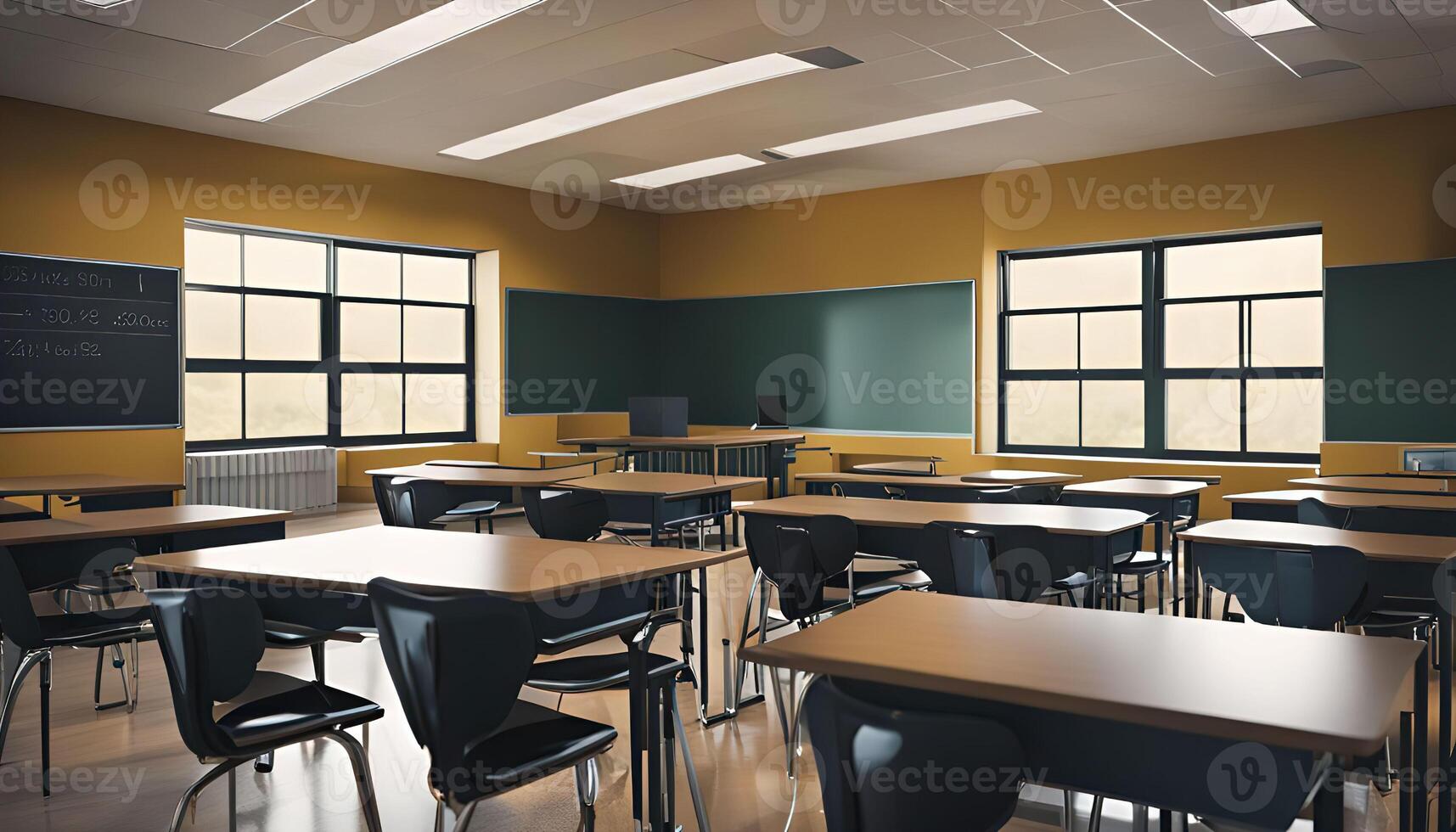 Empty Classroom with Blackboards and Windows photo