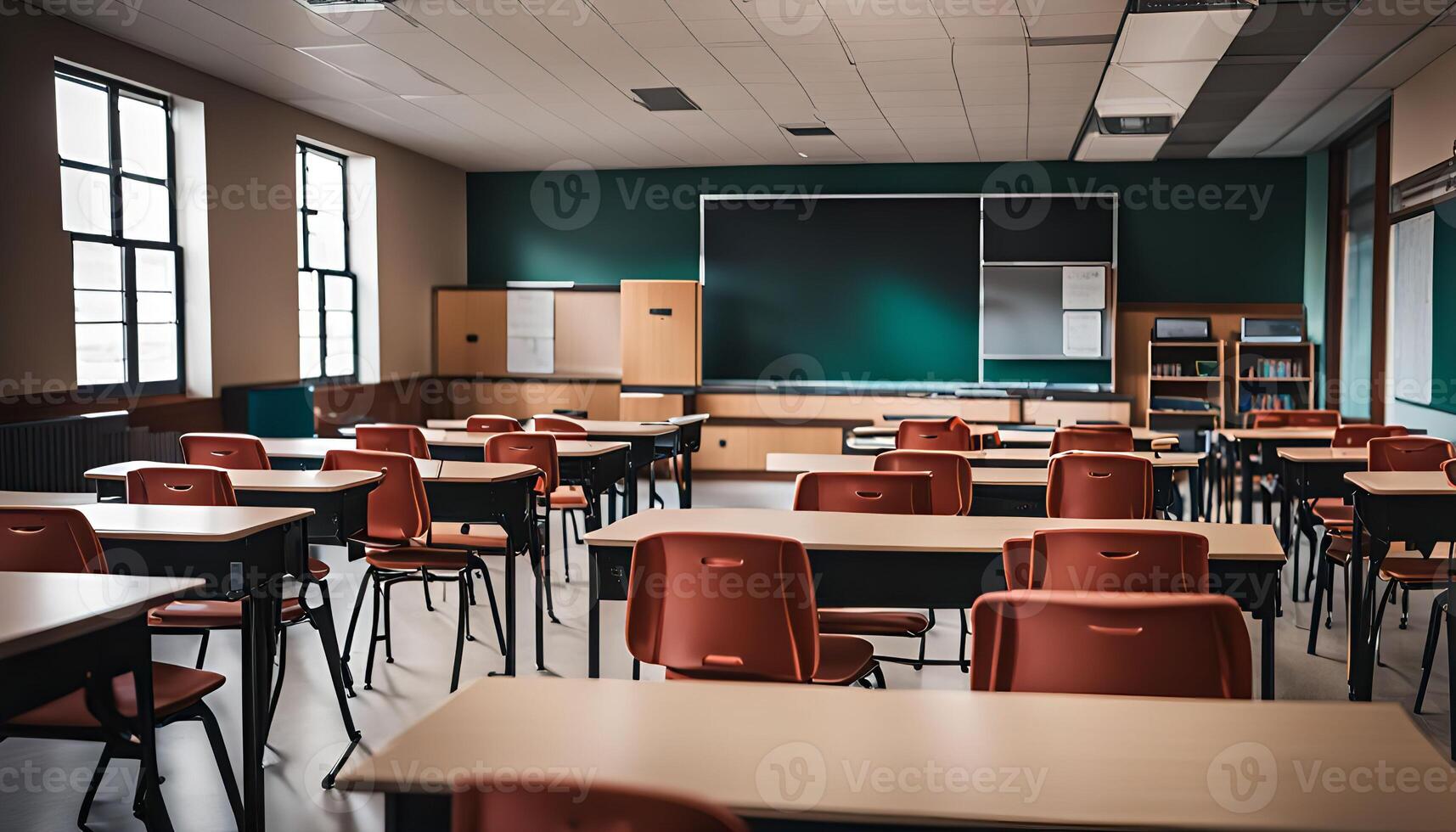 Empty Classroom Desks and Chairs photo