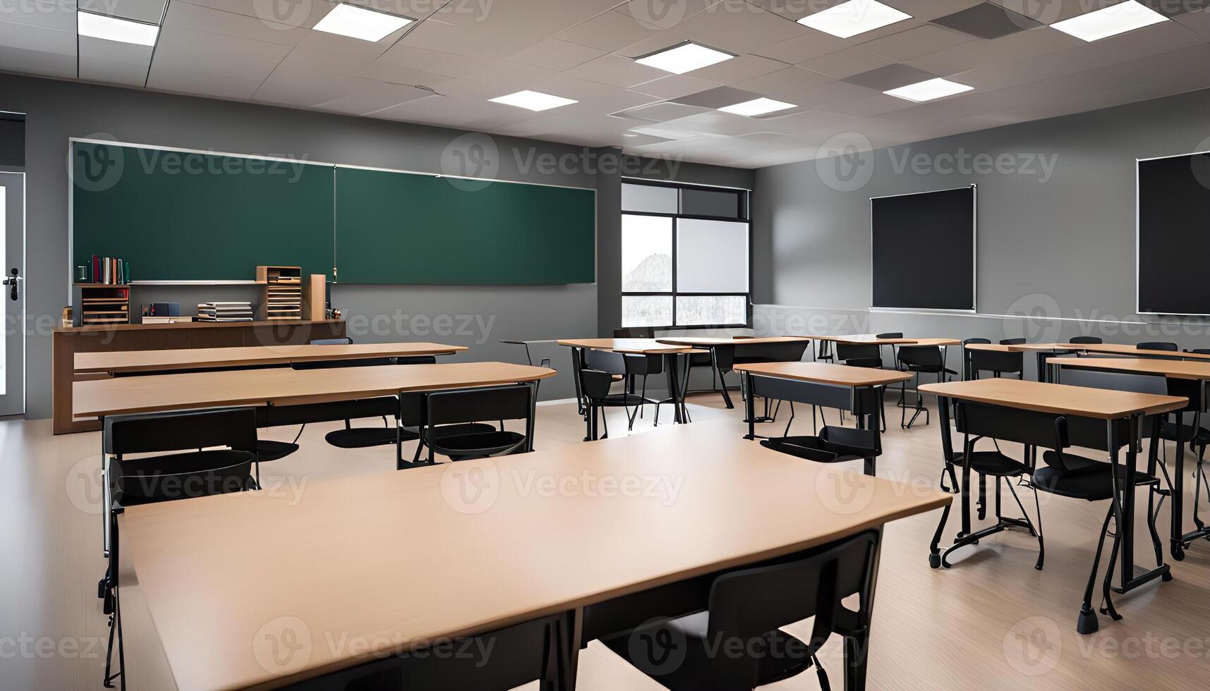 Empty Classroom with Desks and Chairs photo