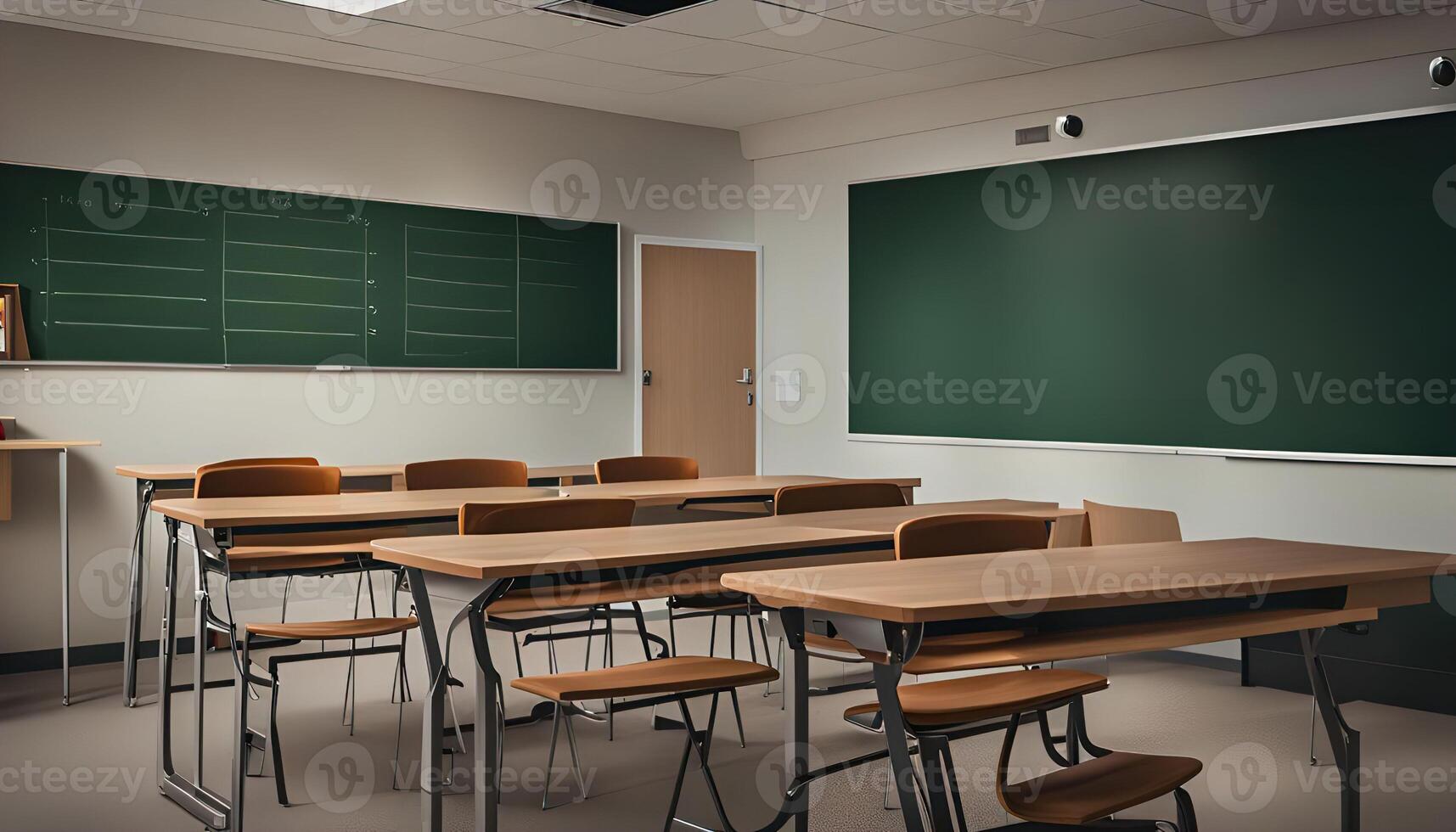 Empty Classroom with Desks and Chalkboard photo