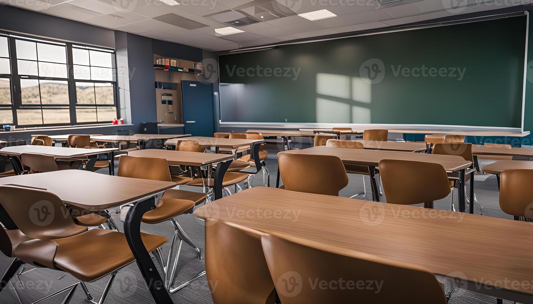 Empty Classroom with Desks and Chairs photo