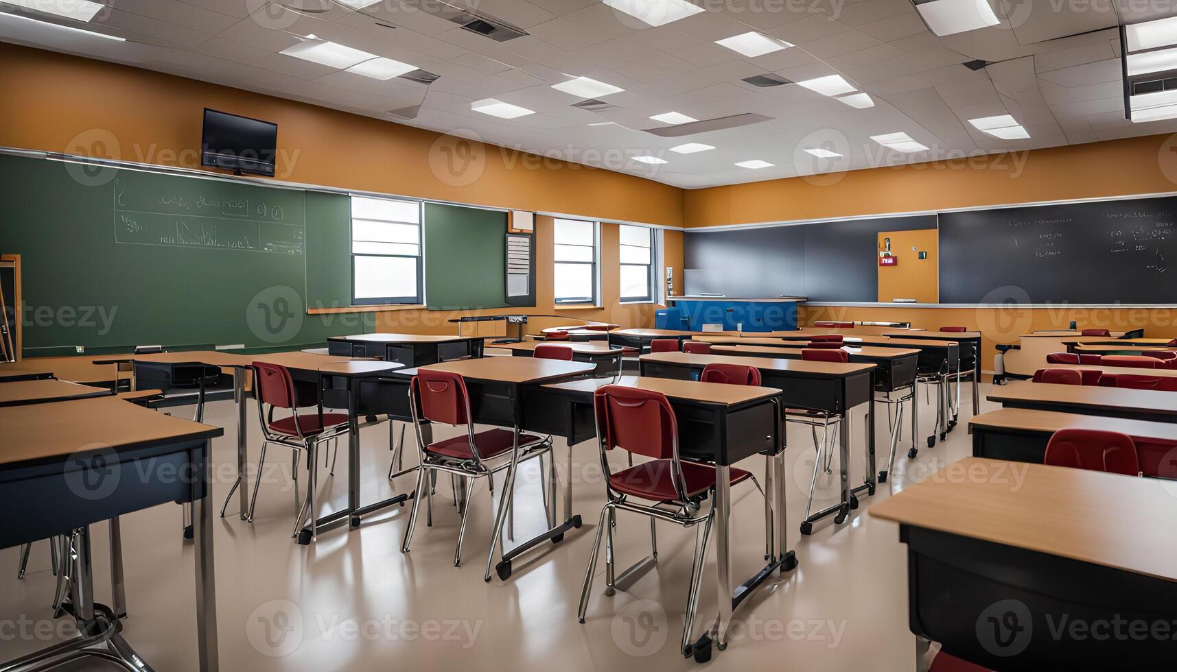 Empty Classroom with Desks and Chairs photo