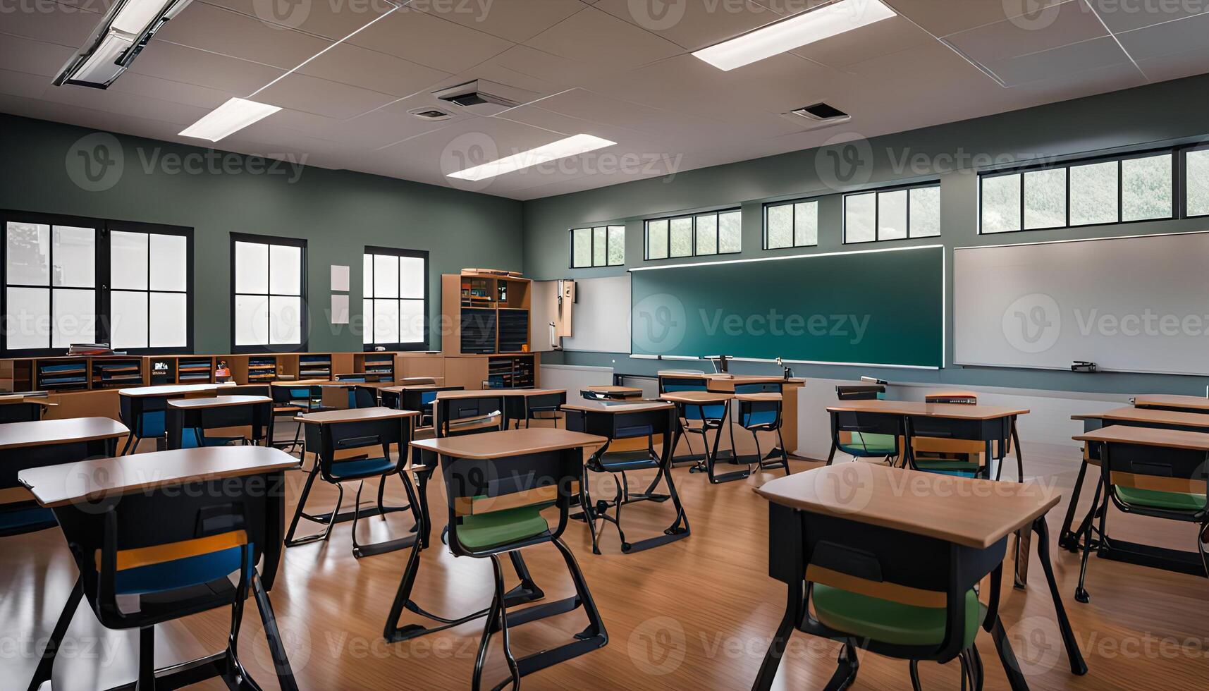 Empty Classroom with Green Board photo