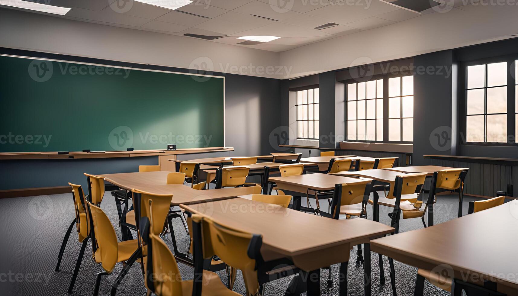 Empty Classroom with Green Chalkboard and Yellow Chairs photo
