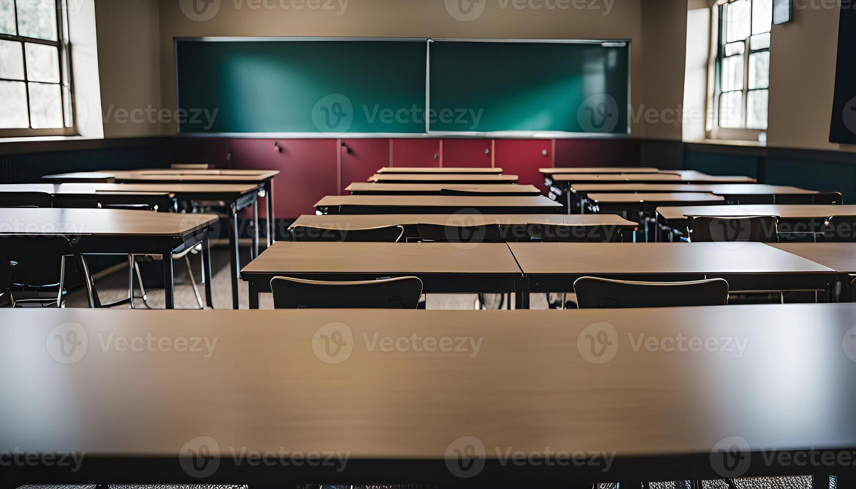 Empty Classroom with Desks and Chairs photo