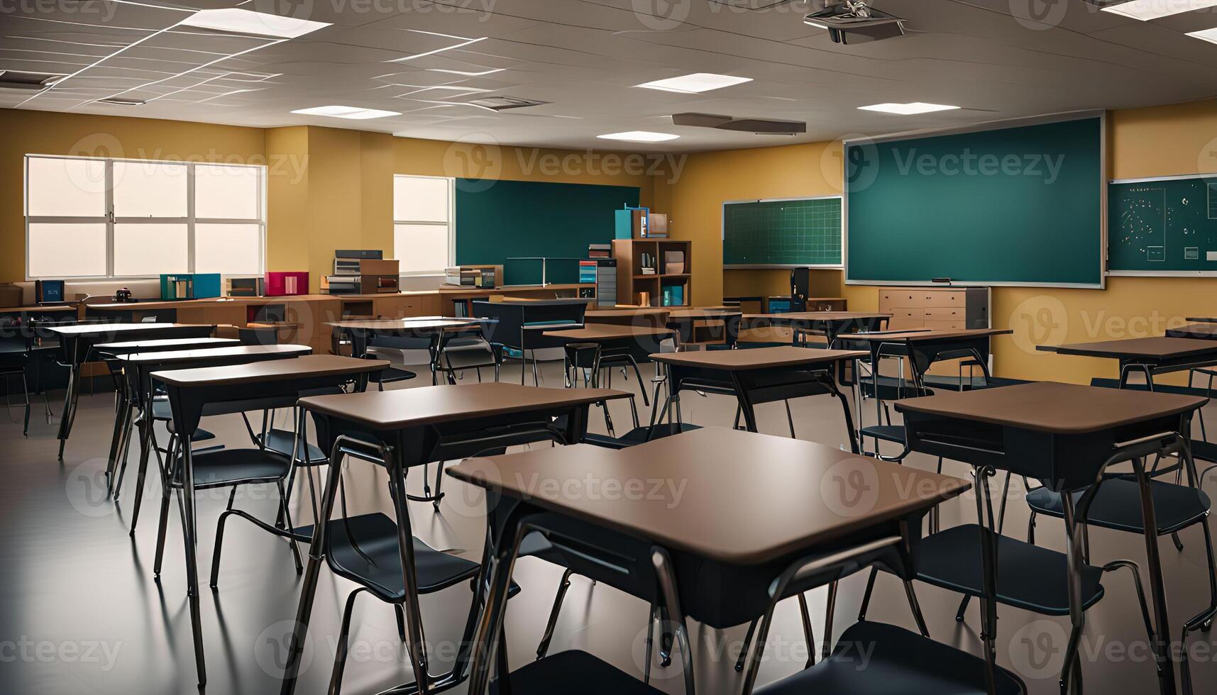 Empty Classroom with Desks and Chairs photo