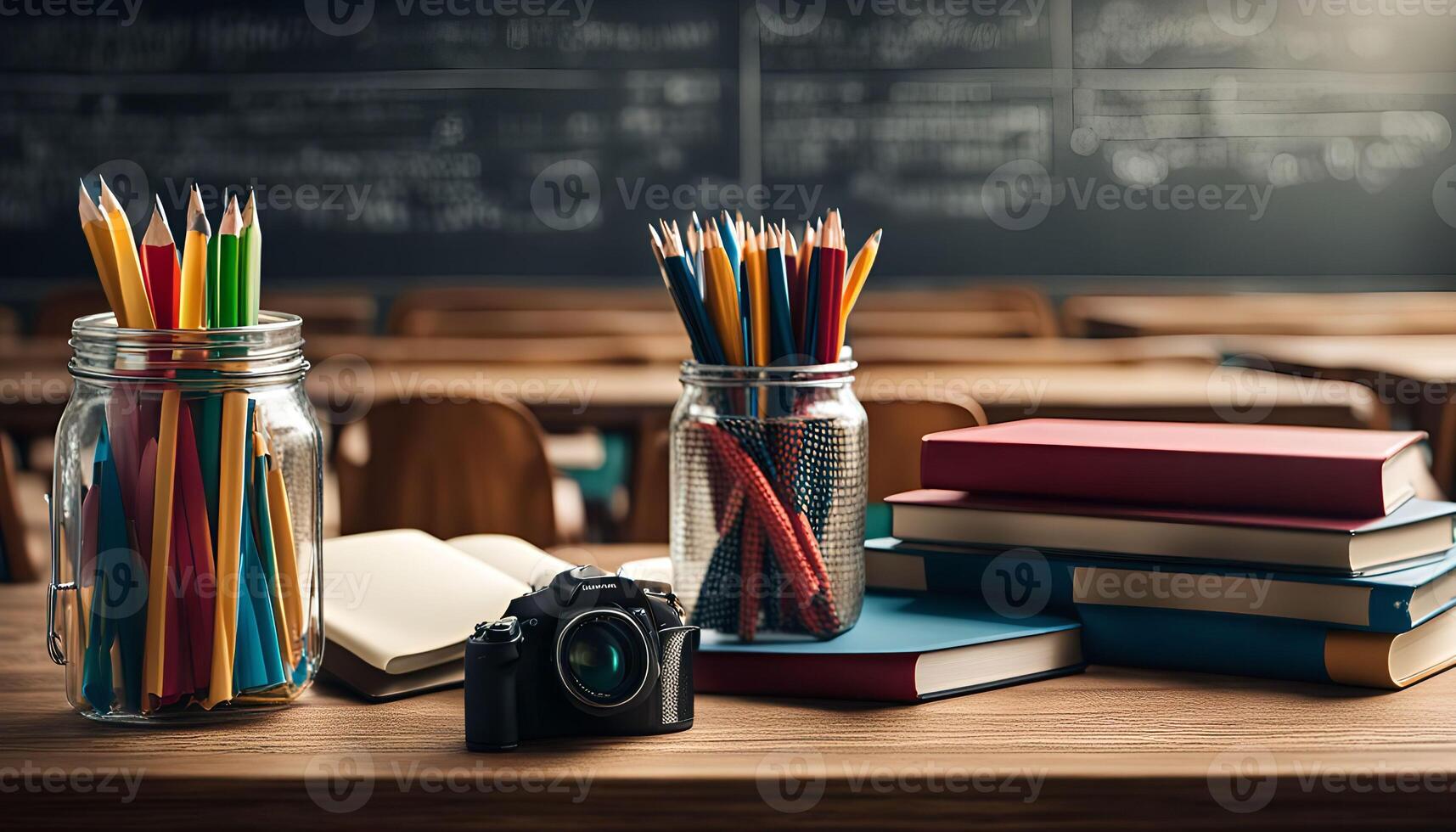 Classroom Still Life with Colored Pencils, Books, and a Camera photo