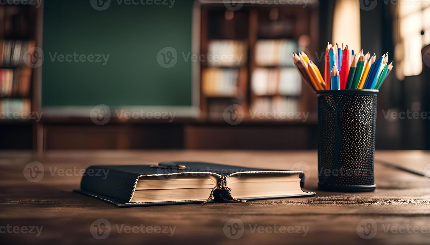 Book and Colored Pencils on a Wooden Table in a Classroom photo