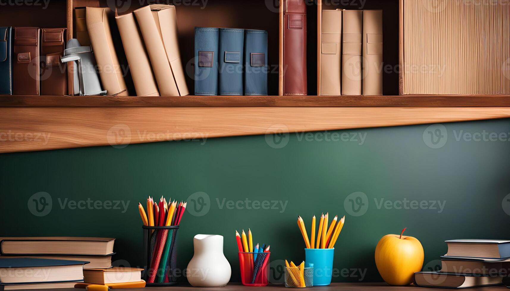 Classroom Setting with Books, Pencils, and an Apple photo