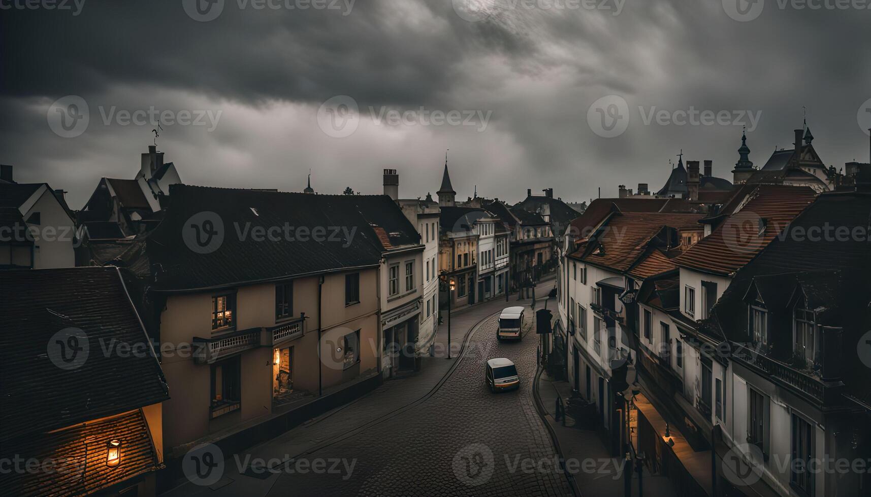 European Town Under Stormy Clouds photo