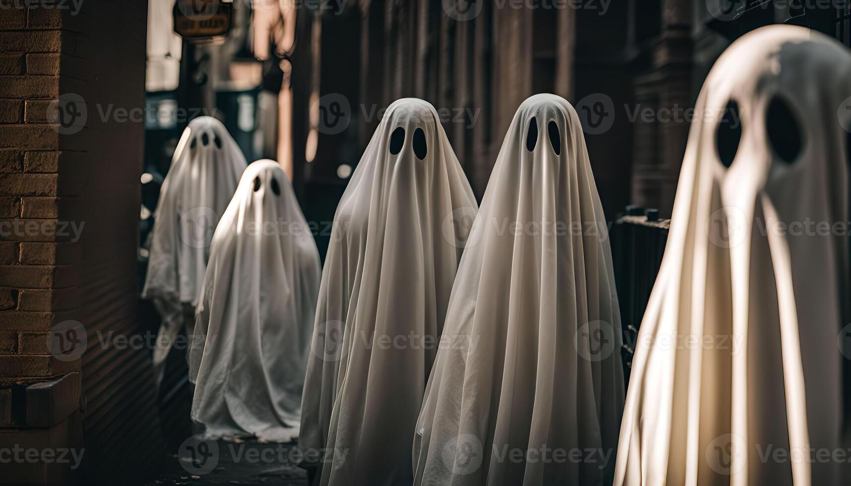 Ghostly Figures Walking Through a City Street photo