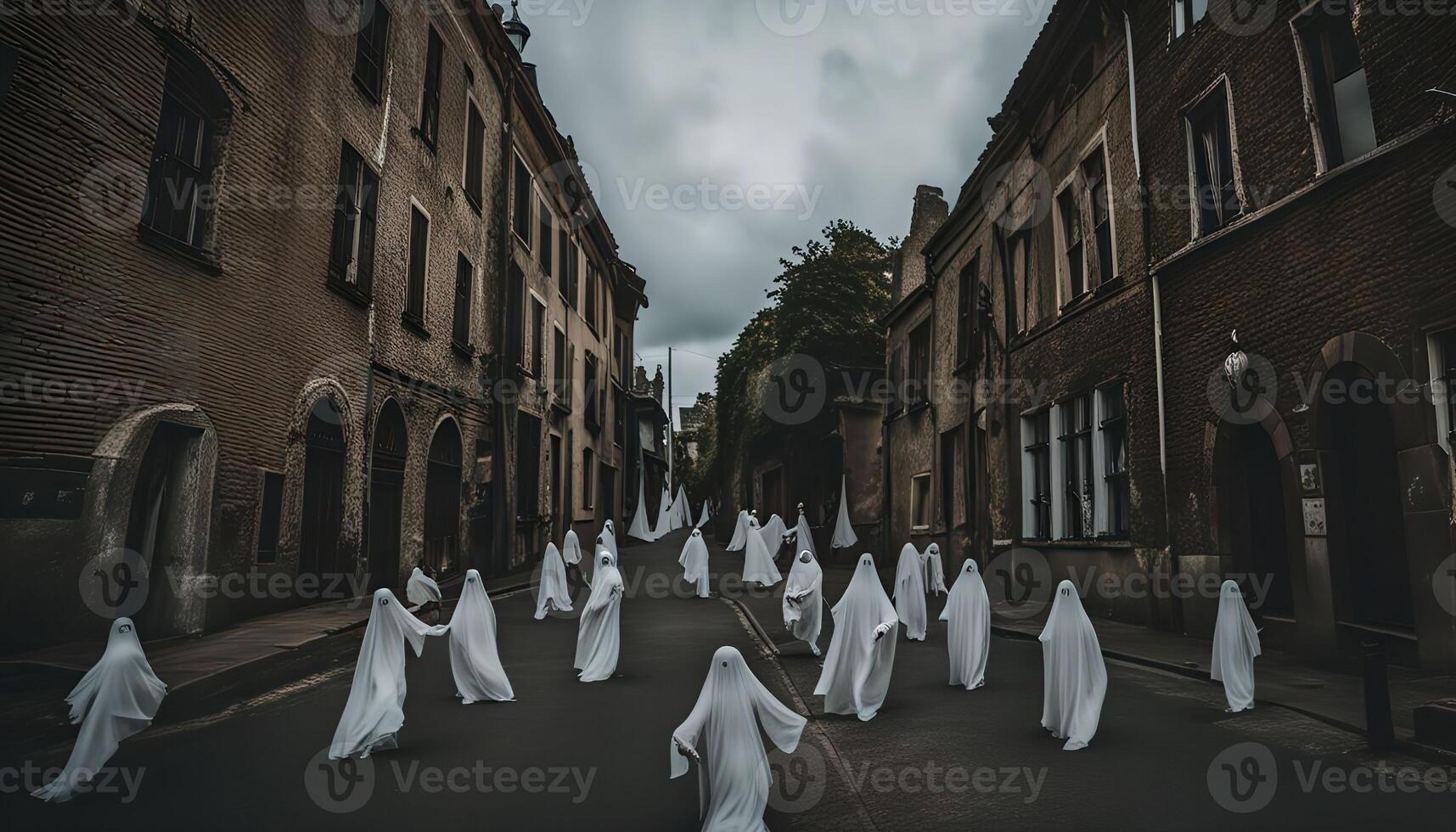 Ghosts Walking Down a Cobblestone Street photo