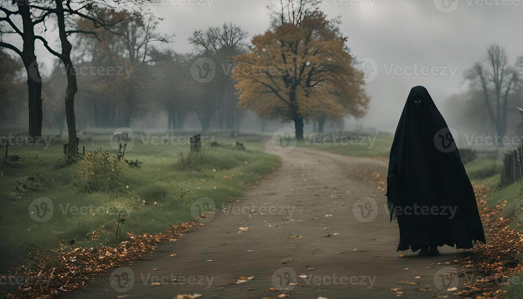 Mysterious Figure in Foggy Forest Path photo