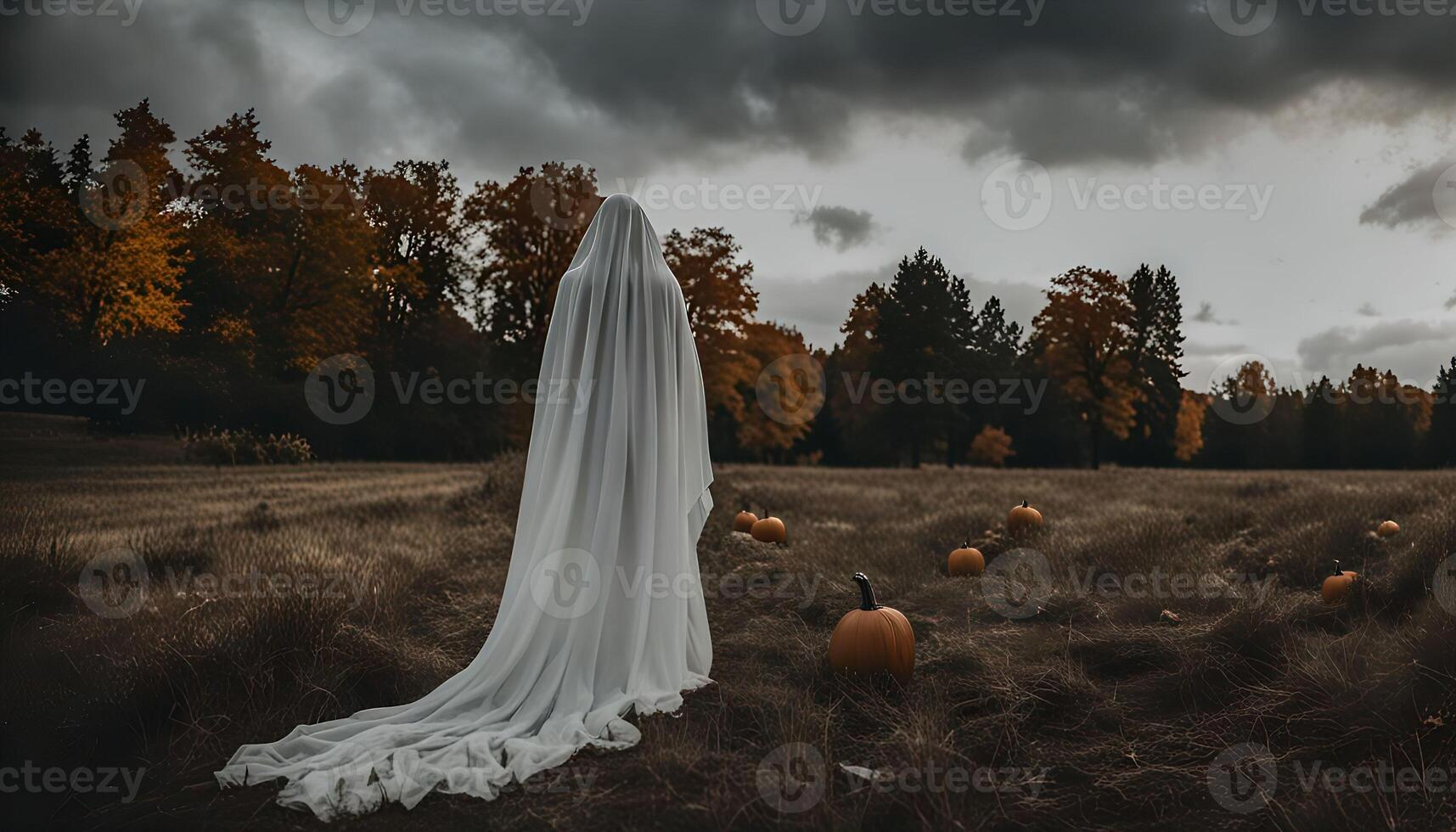 Ghostly Figure in a Field of Pumpkins photo