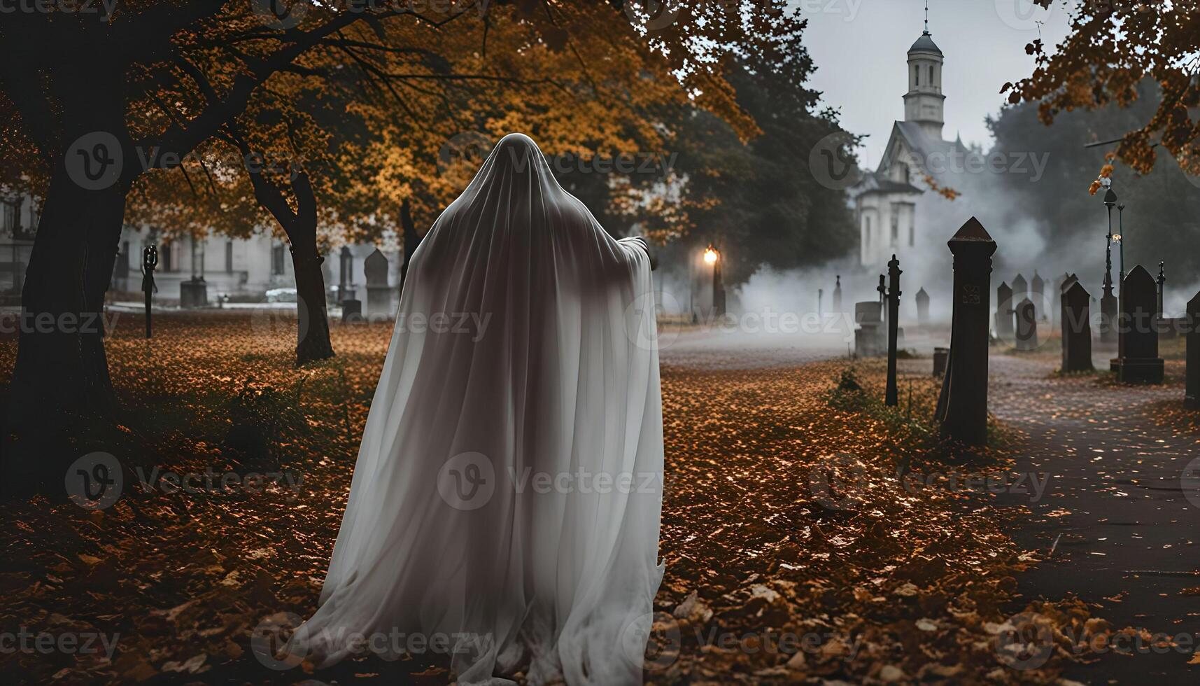 Ghostly Figure Walking through Cemetery photo