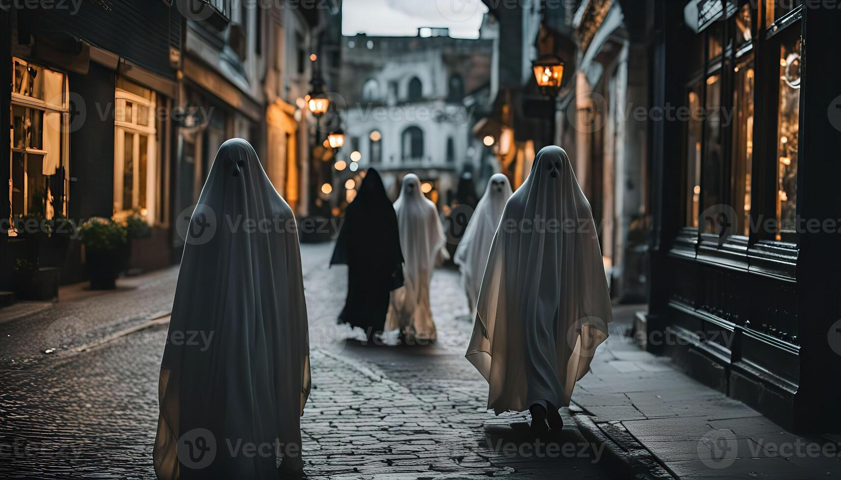 Ghosts Walking Down a Narrow Street at Night photo