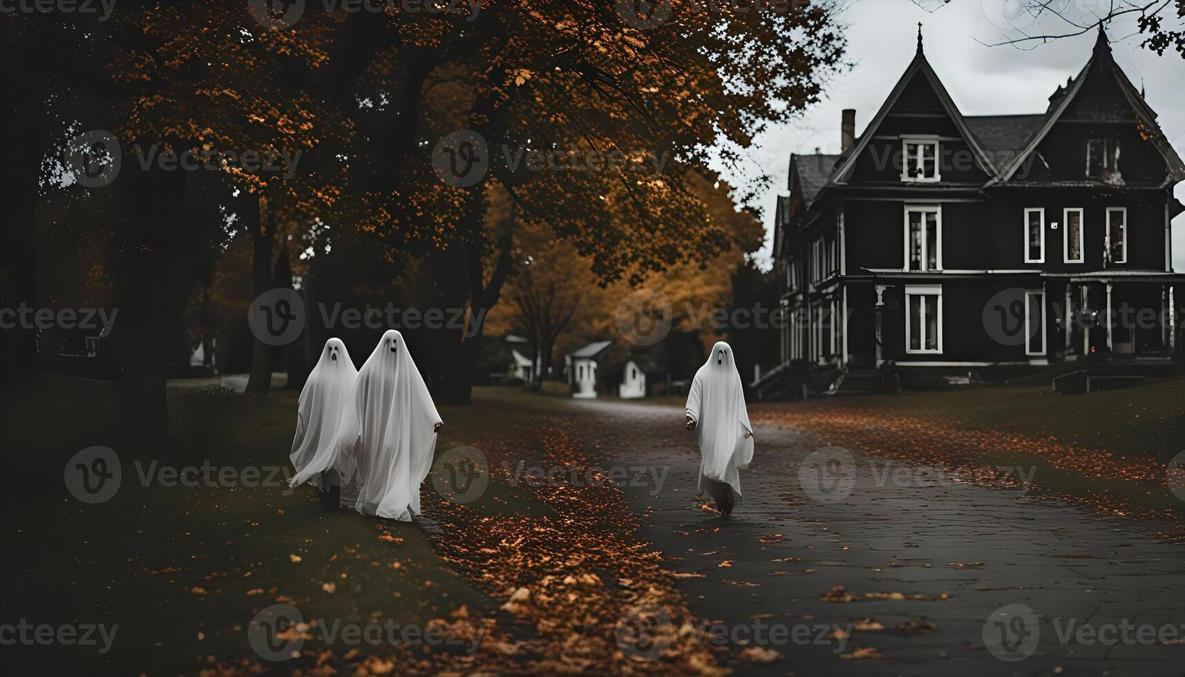 Spooky Halloween Ghosts Walking by Haunted Mansion photo