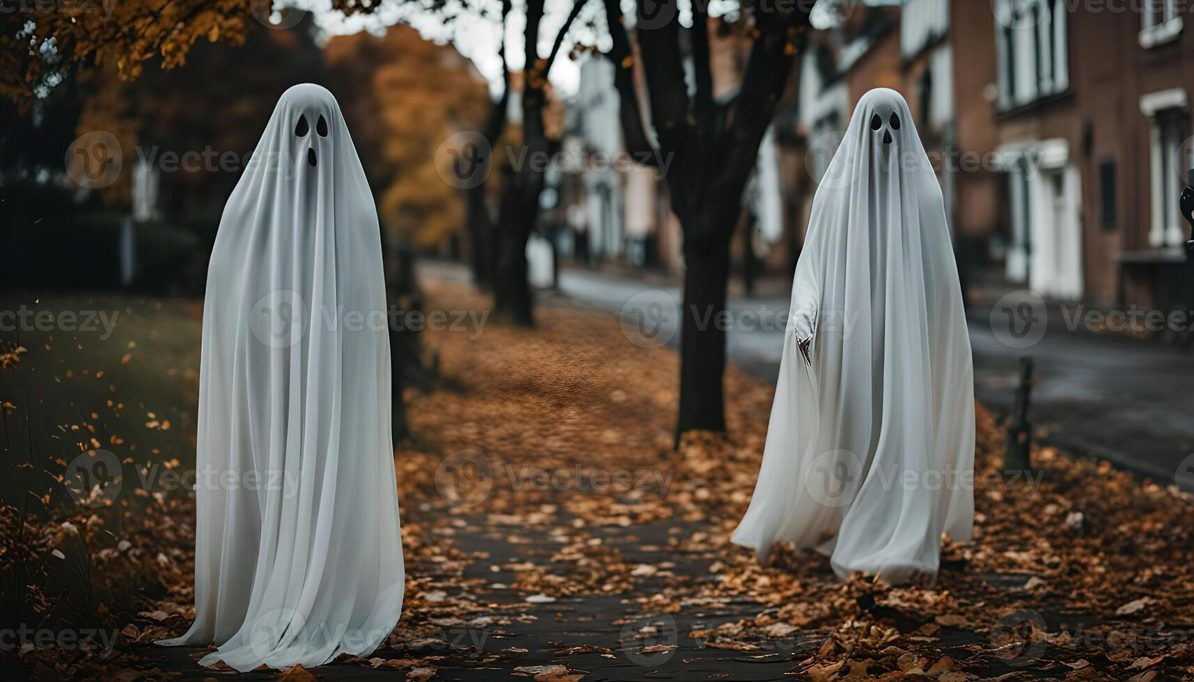 Two Ghosts Walking Down a Street in Fall photo