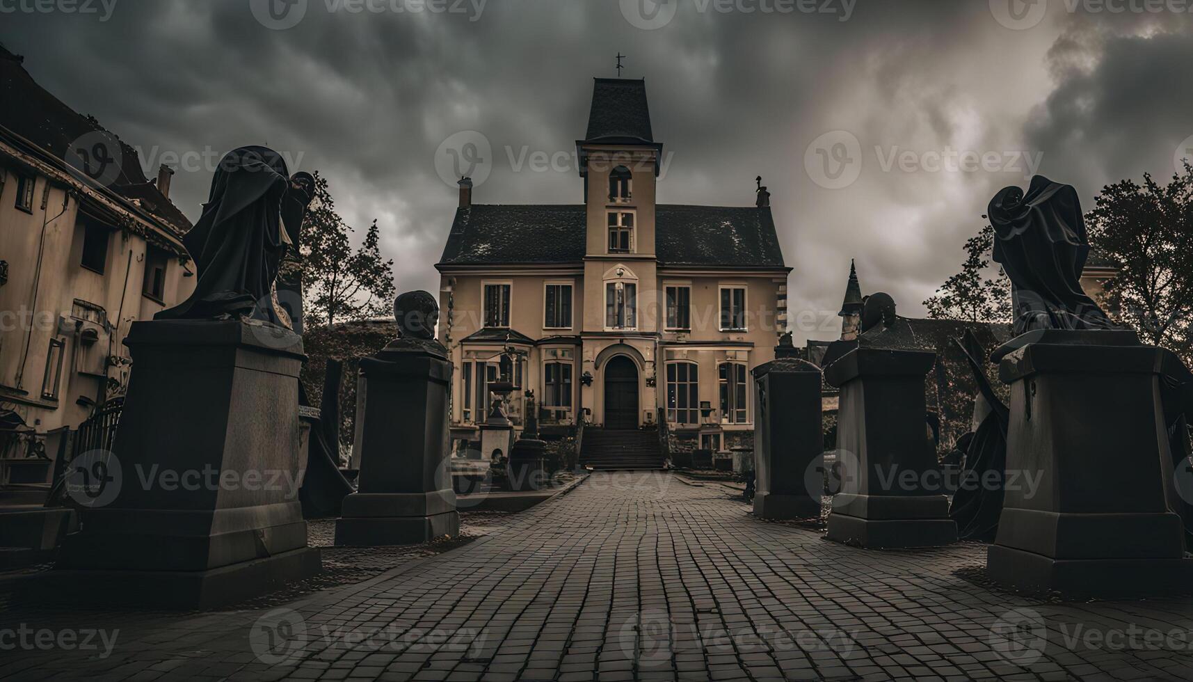 Mysterious Manor with Statues photo