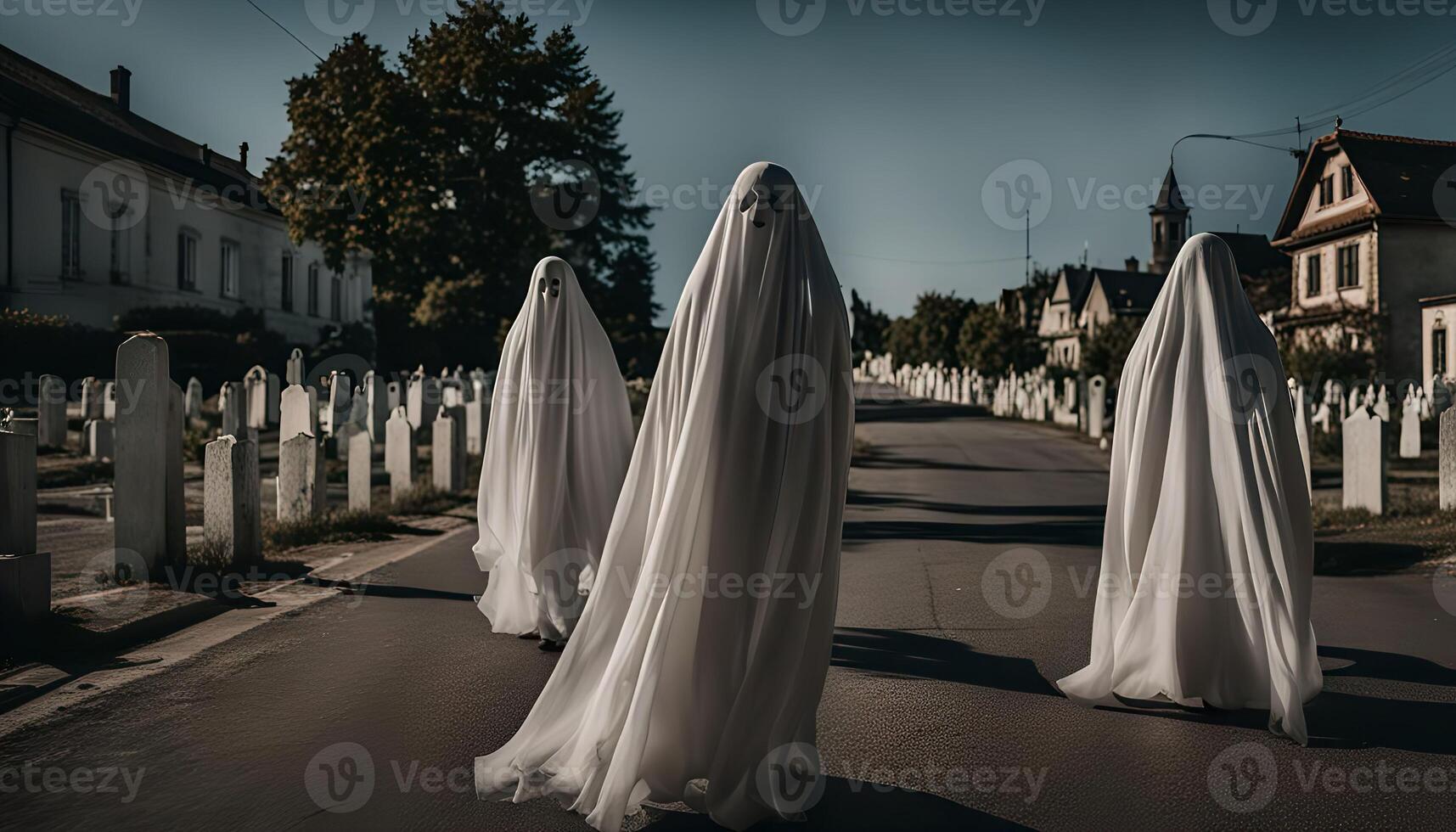 Three Ghosts Walking Down a Graveyard Street photo