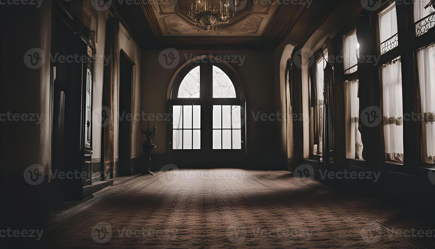 Empty Hallway With Large Windows in Old Mansion photo