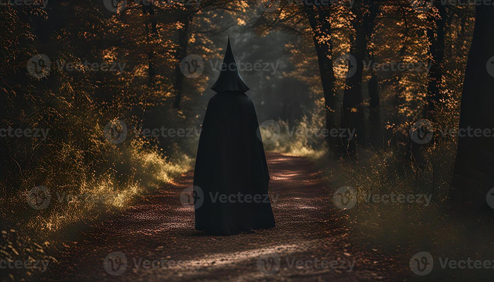 Mysterious Figure Walking Through a Forest Path photo