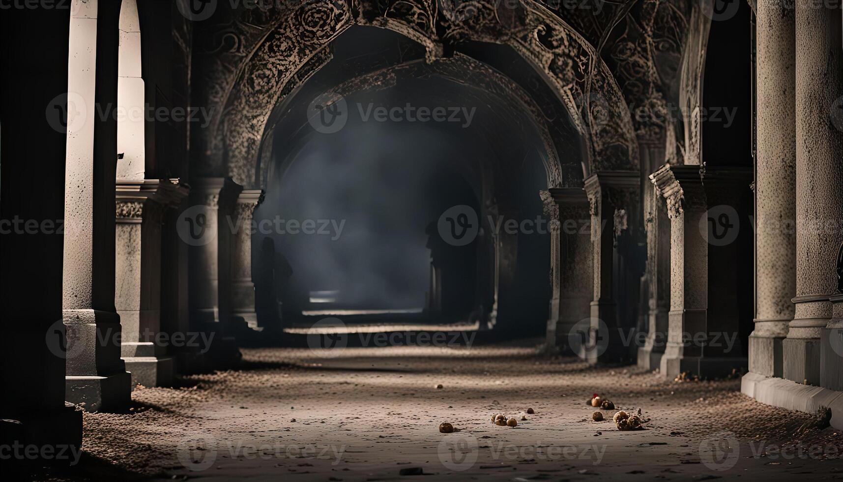 Mysterious Hallway with Ornate Arches and Columns photo