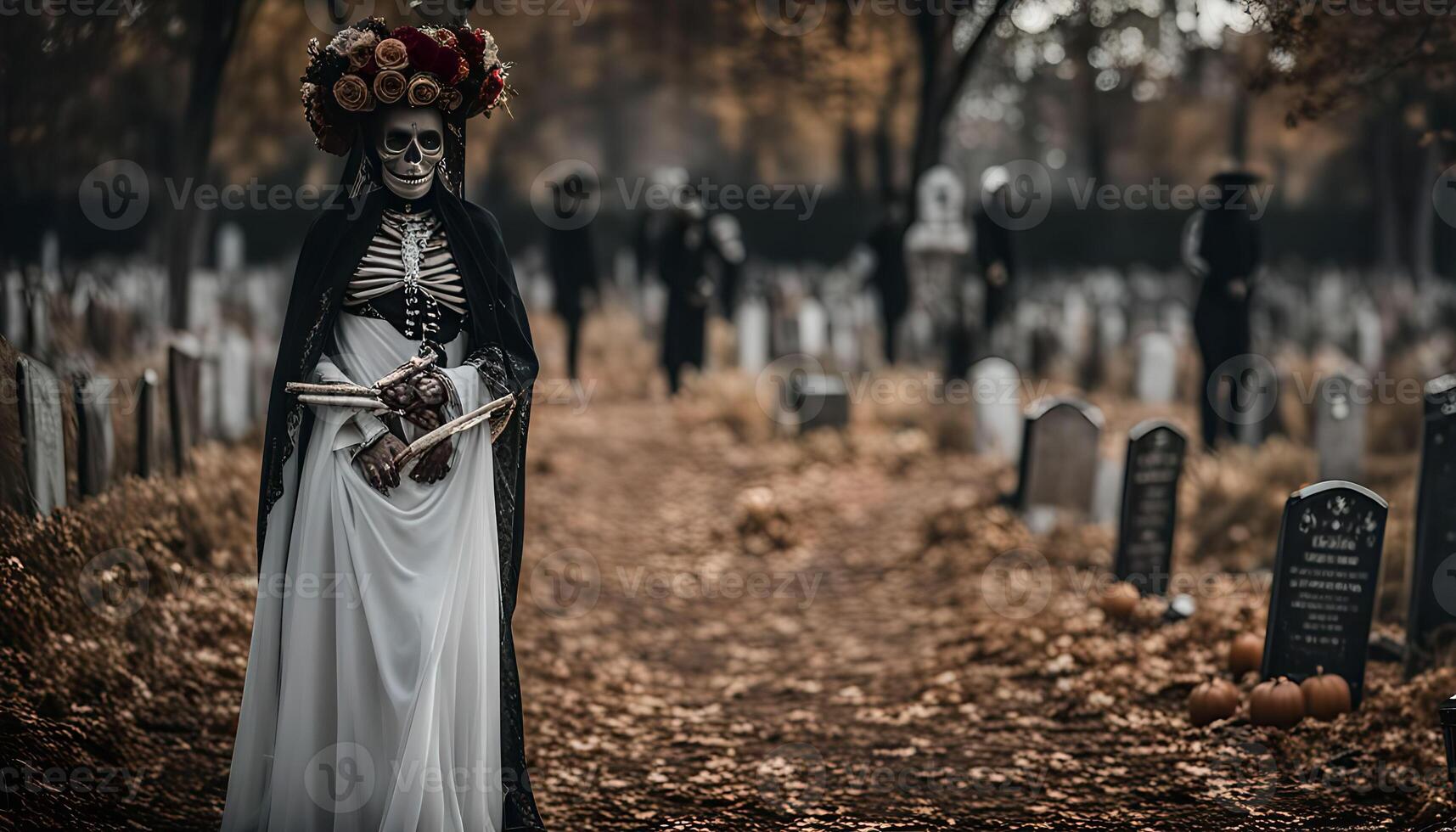 Skeleton in a Cemetery with a Flower Crown photo