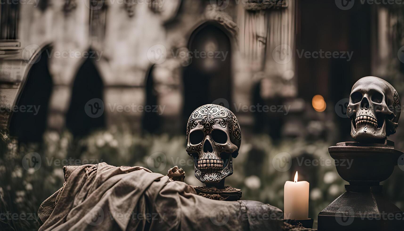 Skulls and Candles in a Gothic Setting photo