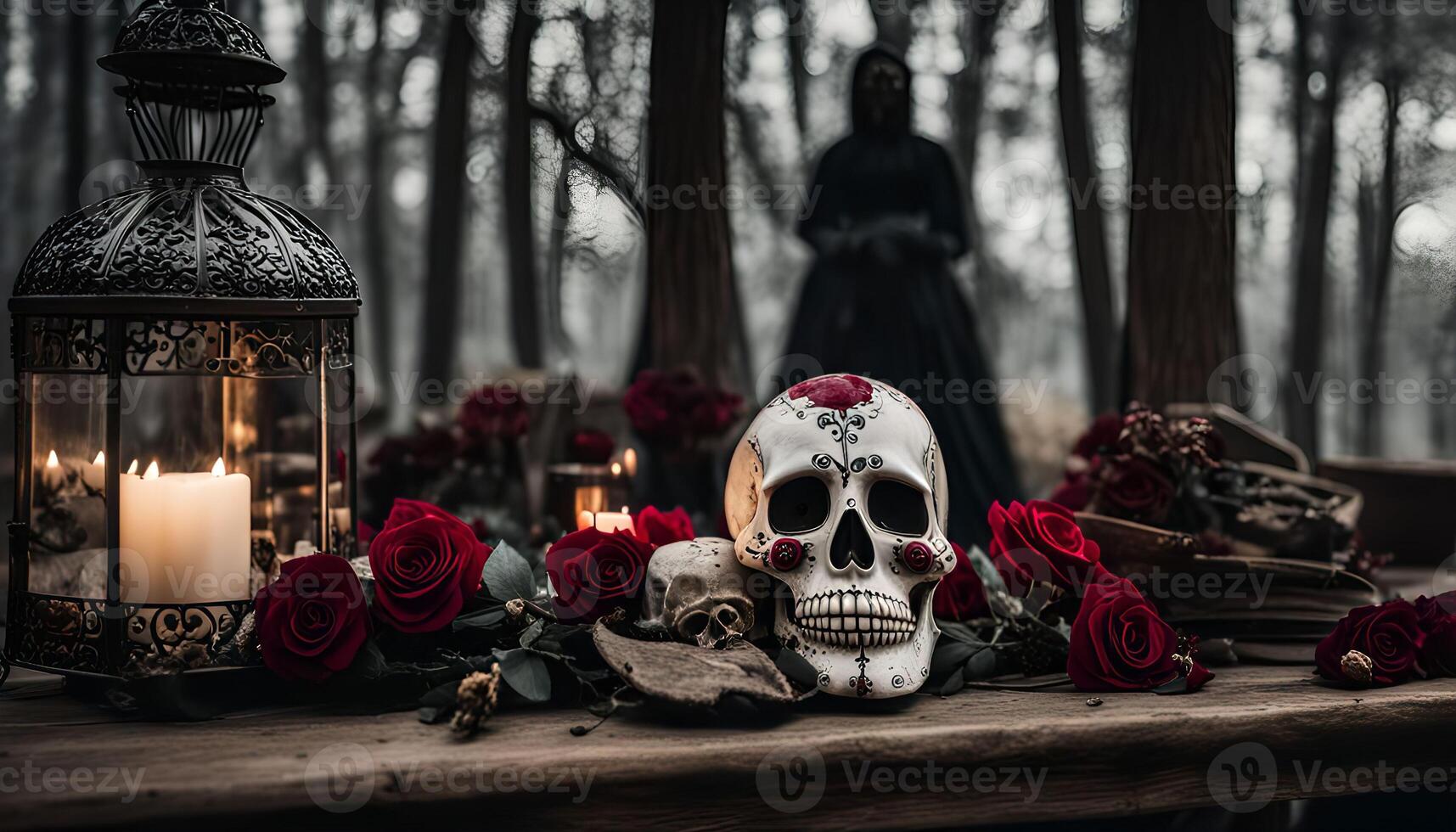 Spooky Skull and Red Roses photo