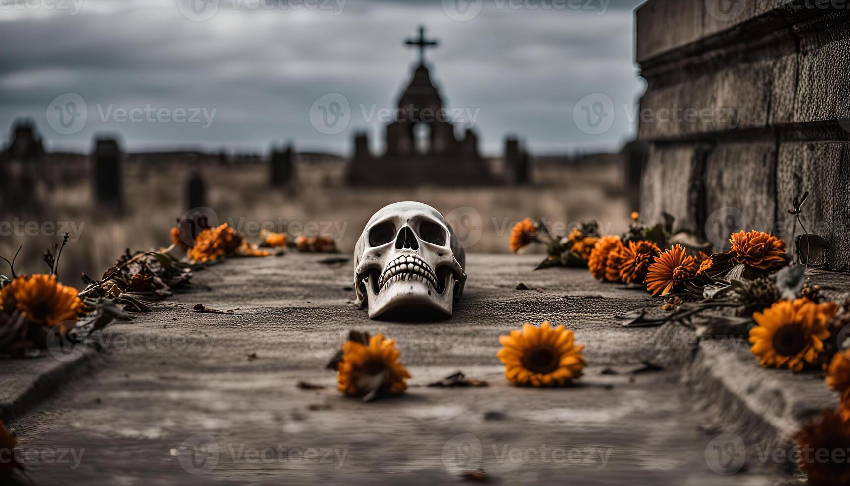 Skull and Flowers at Cemetery photo