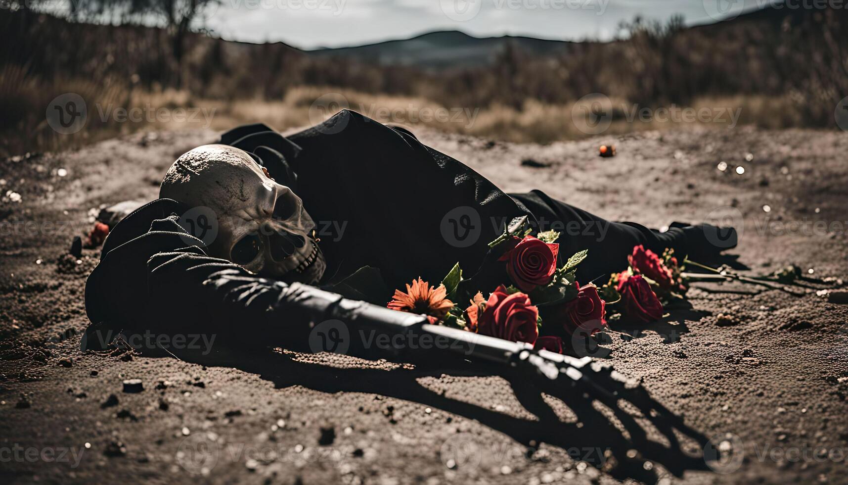 Skeleton with Roses in a Desert Setting photo