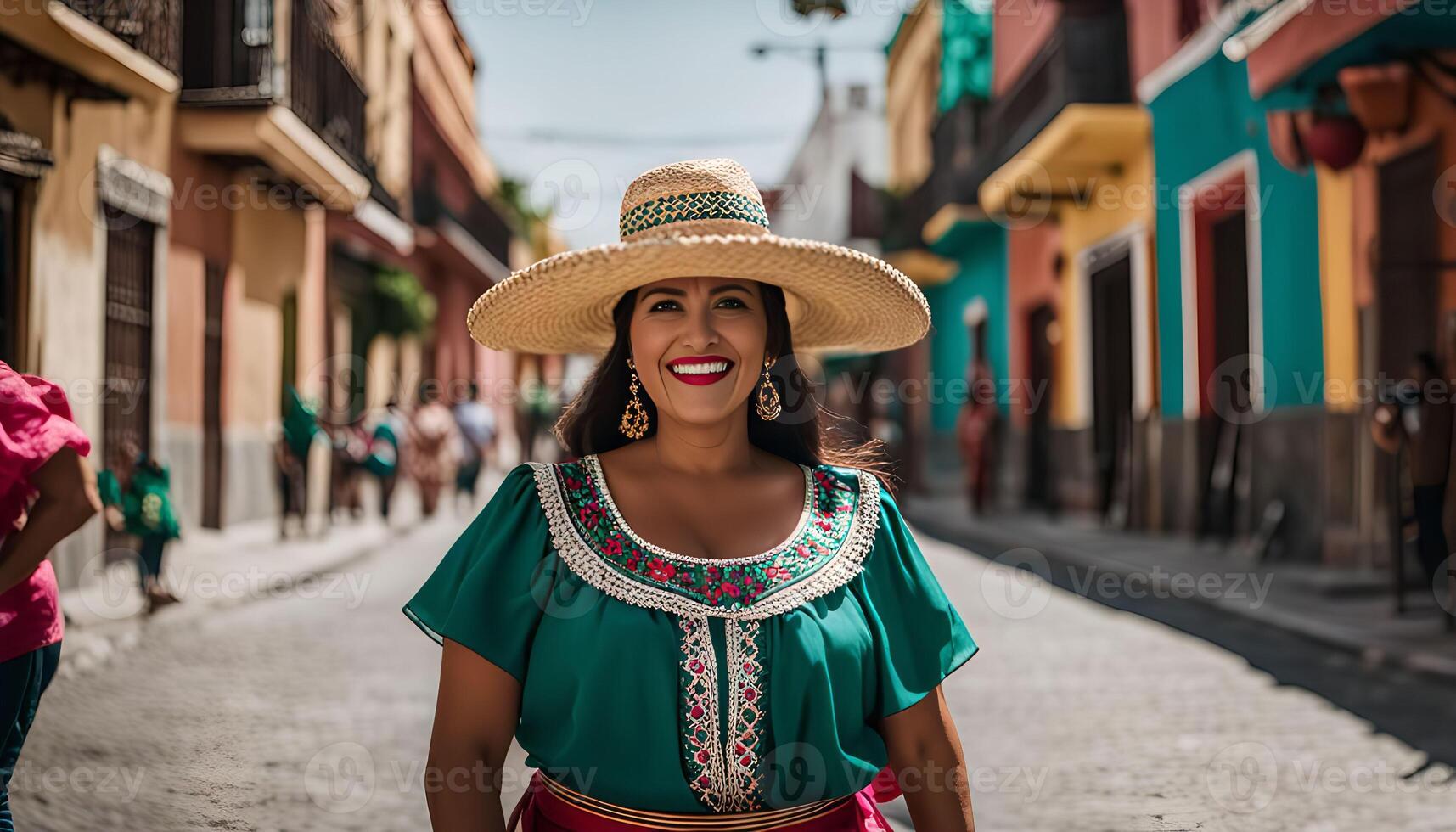 Smiling Woman in Traditional Mexican Clothing on a Cobblestone Street photo