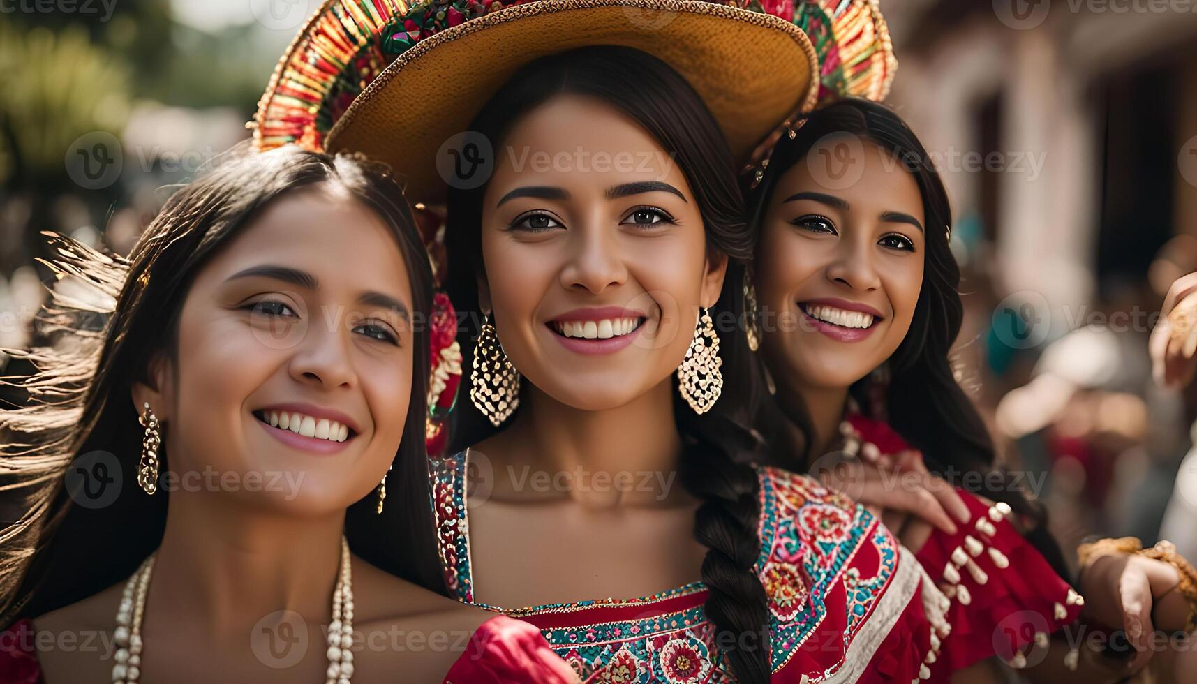 Three smiling women wearing traditional Mexican clothing photo