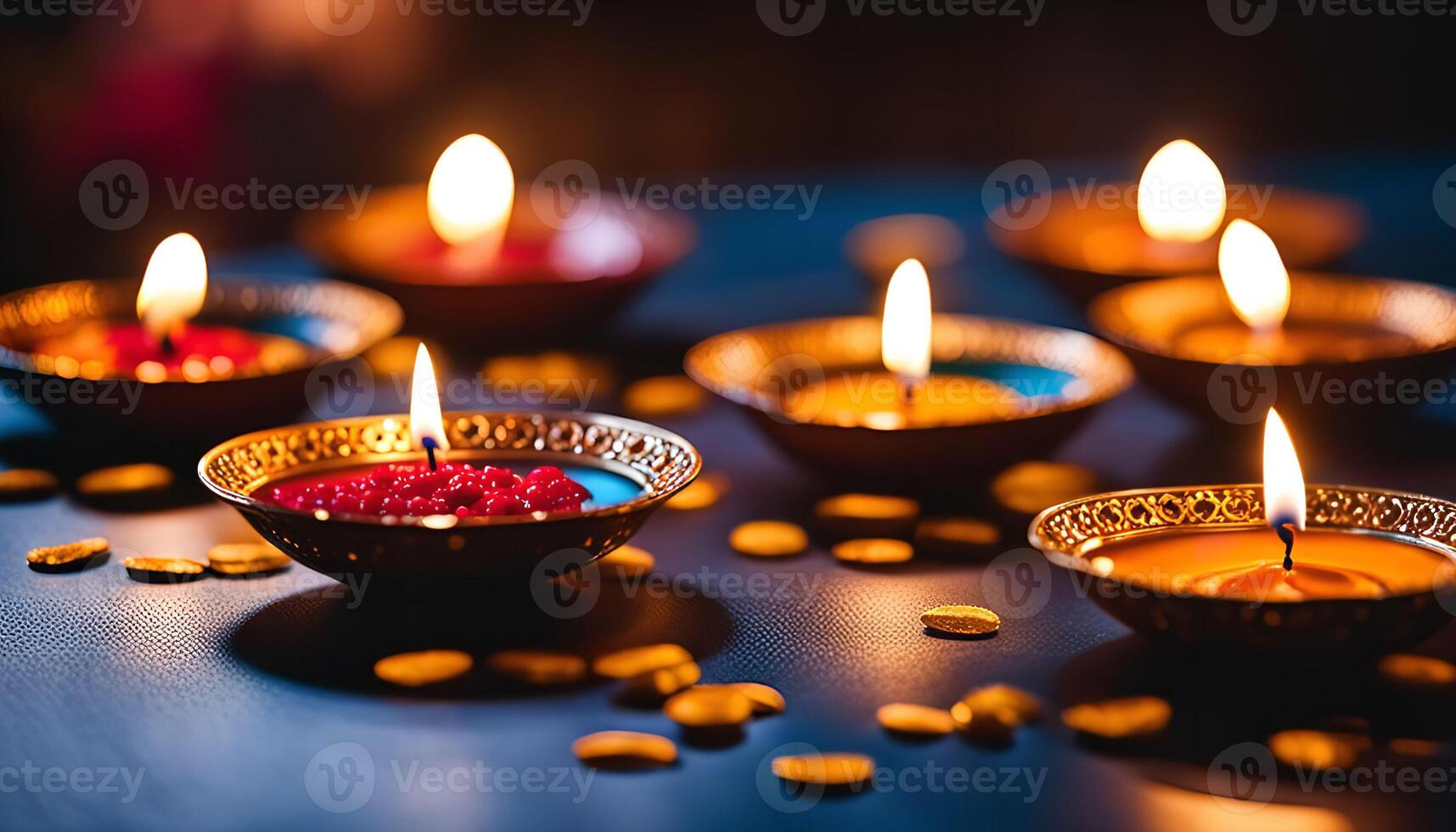 Diwali Celebration A Row of Glowing Diyas on a Dark Background photo